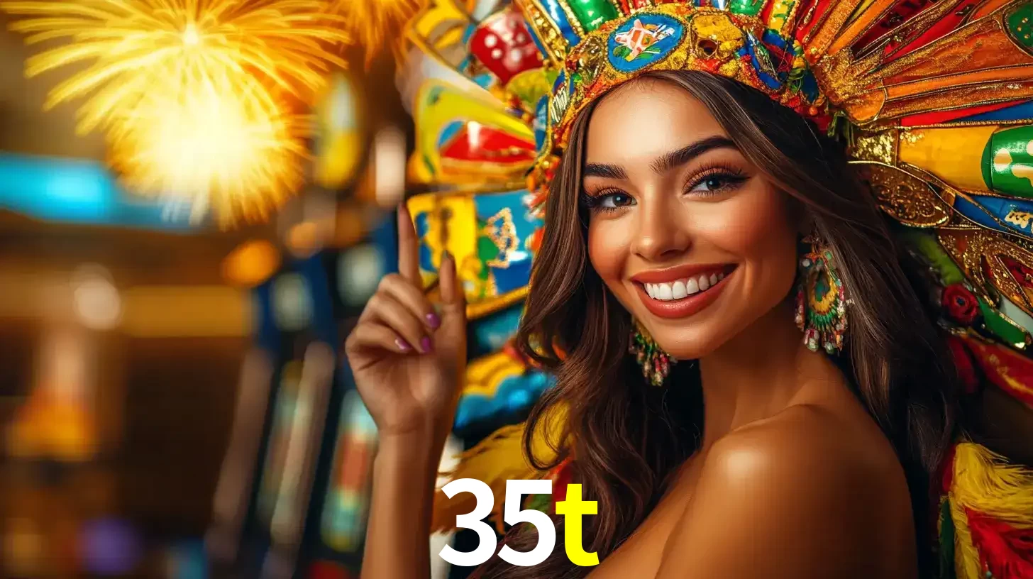 Mulher sorridente com um cocar de carnaval vibrante e colorido, celebrando uma grande vitória nos jogos do cassino 35t com fogos de artifício ao fundo.