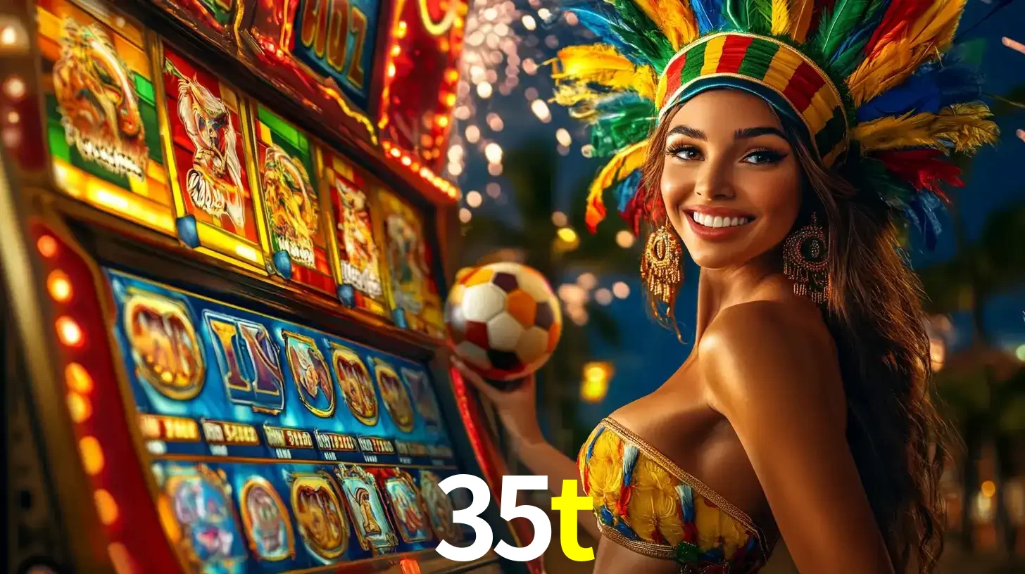 Mulher com um cocar de carnaval ao lado de uma máquina de caça-níqueis enquanto segura uma bola de futebol, mostrando a união da diversão de cassino e esportes no 35t.