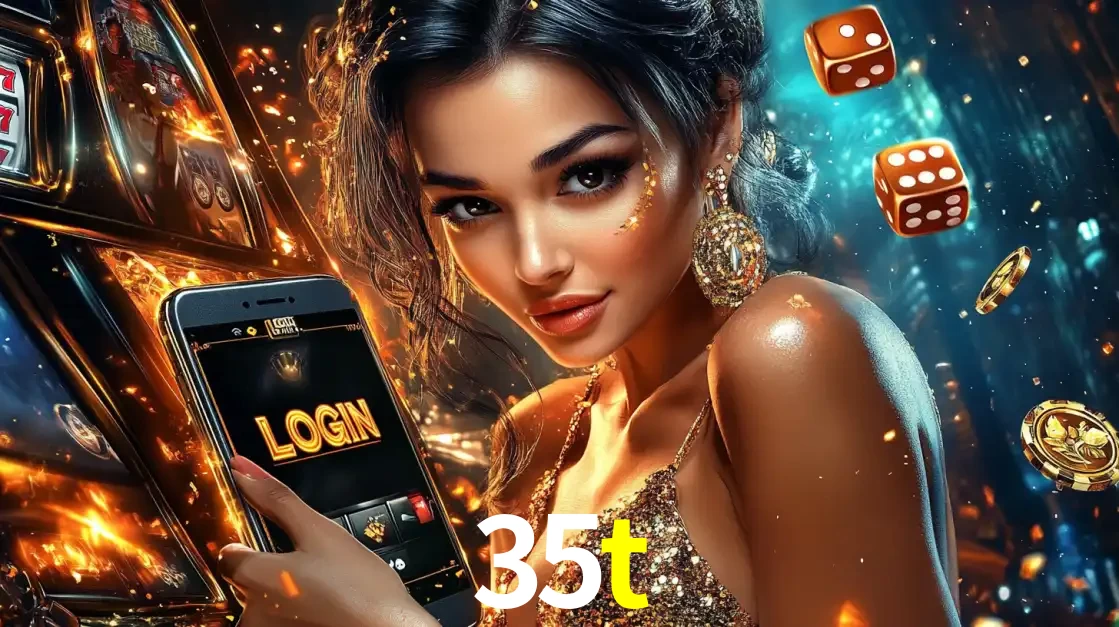 Mulher glamourosa segurando um celular com a tela de login do cassino 35t, rodeada por dados e moedas douradas, pronta para começar a diversão.