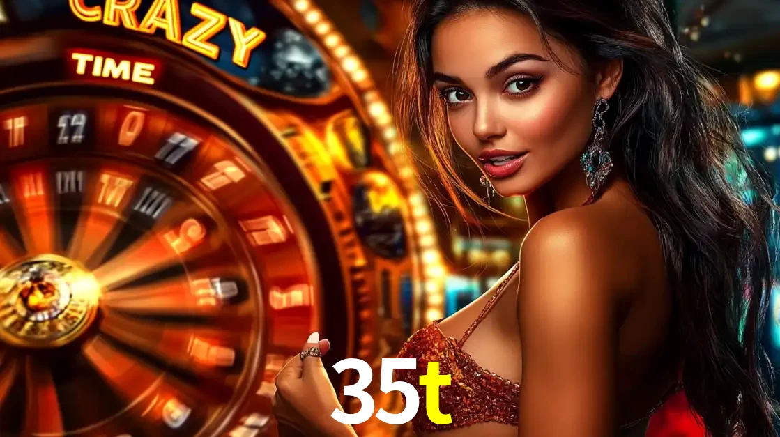 Mulher ao lado da roda de prêmios do jogo de cassino ao vivo Crazy Time, um dos shows de jogos mais emocionantes oferecidos pela plataforma de apostas 35t.