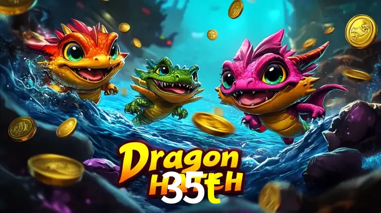 Arte promocional do jogo Dragon Hatch com três adoráveis dragões bebês nadando entre moedas de ouro, um dos slots mais divertidos para jogar no cassino 35t.