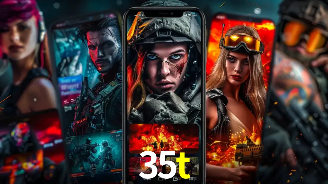 Montagem de telas de celular mostrando diversos personagens, masculinos e femininos, de um jogo de tiro, ilustrando a diversidade de equipes de e-sports para apostar no 35t.
