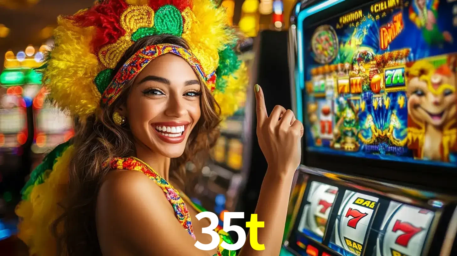 Mulher animada com um cocar de carnaval apontando para uma máquina de caça-níqueis, mostrando a emoção de ganhar um grande prêmio nos jogos do 35t.