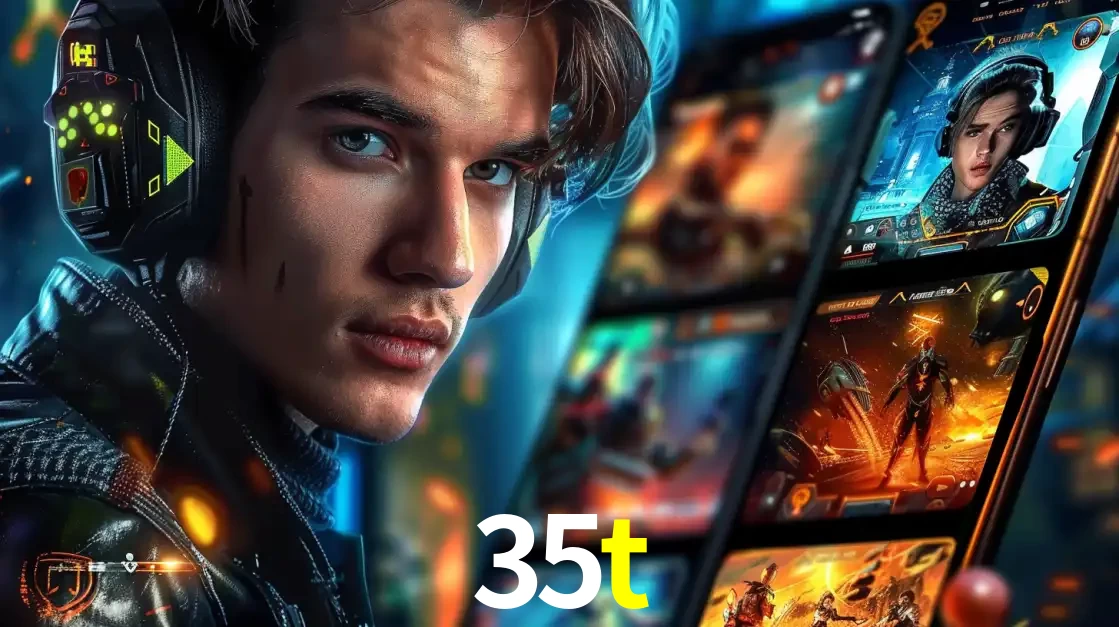 Jovem jogador com fones de ouvido olhando para a câmera, com um aplicativo de jogos e e-sports para celular ao fundo, pronto para a competição e apostas no 35t.