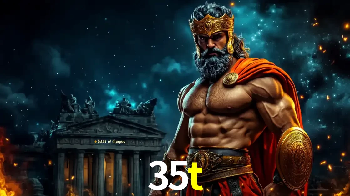 O poderoso Zeus do jogo de slot Gates of Olympus em frente ao seu templo, pronto para lançar multiplicadores divinos e prêmios épicos no cassino online 35t.