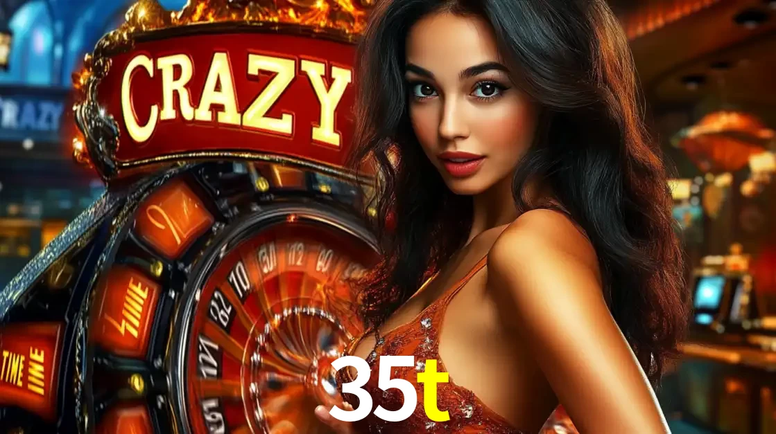 Mulher glamourosa olhando para a câmera com a roda vermelha do Crazy Time ao fundo em um ambiente de cassino, destacando a emoção dos jogos ao vivo no 35t.
