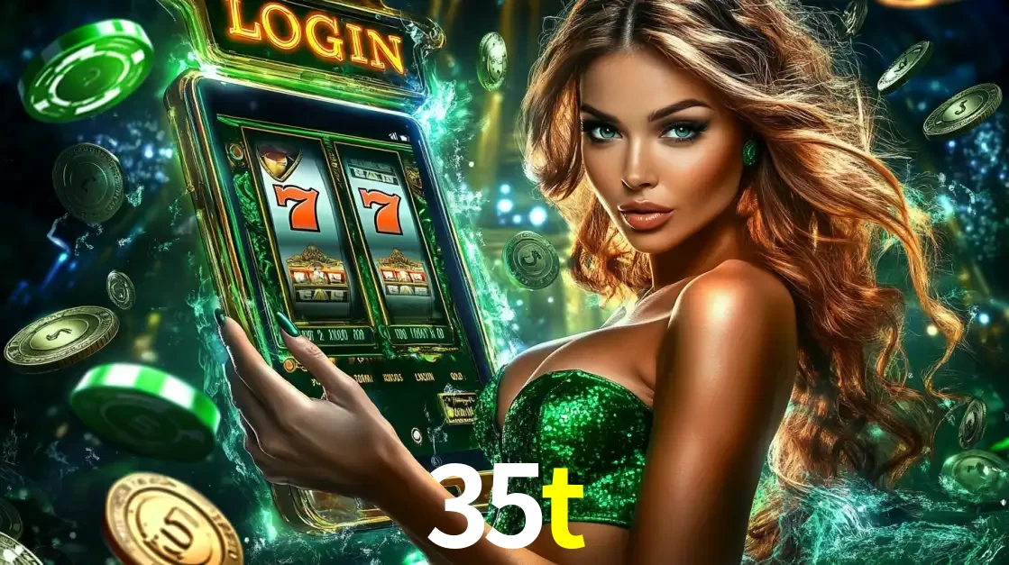 Mulher com tema verde apresentando o aplicativo do cassino 35t com um jogo de slot de 777, cercada por fichas de cassino e uma aura de sorte.