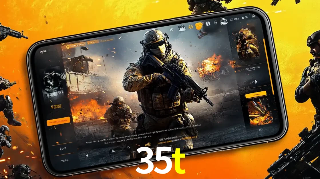 Um smartphone exibindo a interface de um jogo de tiro em primeira pessoa, com um soldado em um cenário de batalha, representando a ação dos e-sports para apostar no 35t.