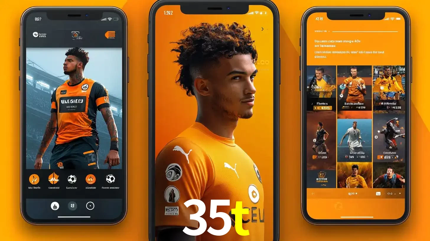 Interface do aplicativo de apostas esportivas 35t em três telas de celular, mostrando o perfil de um jogador de futebol e a lista de jogos disponíveis para apostar.