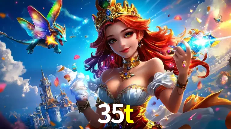 A princesa de um reino de fantasia mágico, com seu pequeno dragão, apresentando um mundo de prêmios encantados nos jogos de caça-níqueis do cassino 35t.
