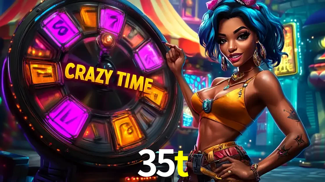 Mulher estilizada com cabelo azul e visual vibrante posando ao lado da roda de prêmios do game show Crazy Time, convidando para a diversão e os bônus do cassino 35t.