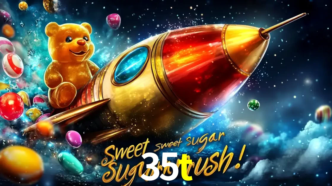 Arte promocional do jogo de slot Sugar Rush, com um urso de pelúcia em um foguete viajando pelo espaço de doces, um dos jogos divertidos disponíveis no cassino 35t.
