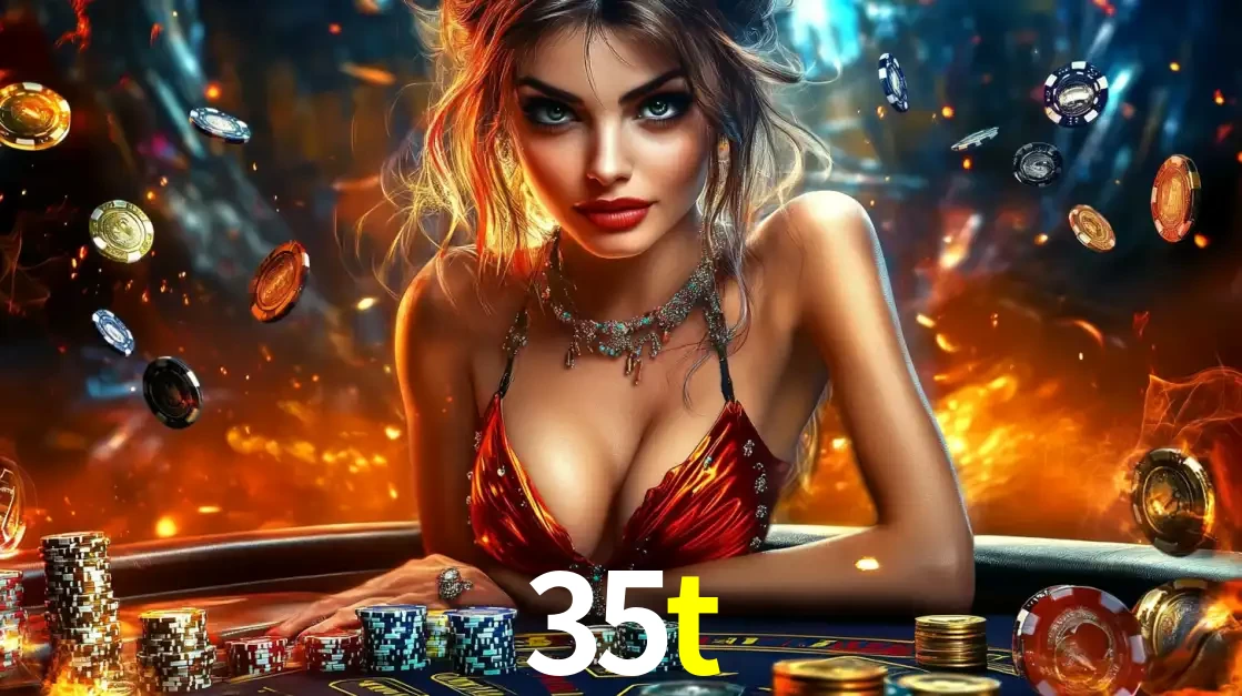 Mulher em uma mesa de cassino com pilhas de fichas e um fundo de fogo, pronta para uma rodada de altas apostas nos jogos de mesa emocionantes do cassino 35t.