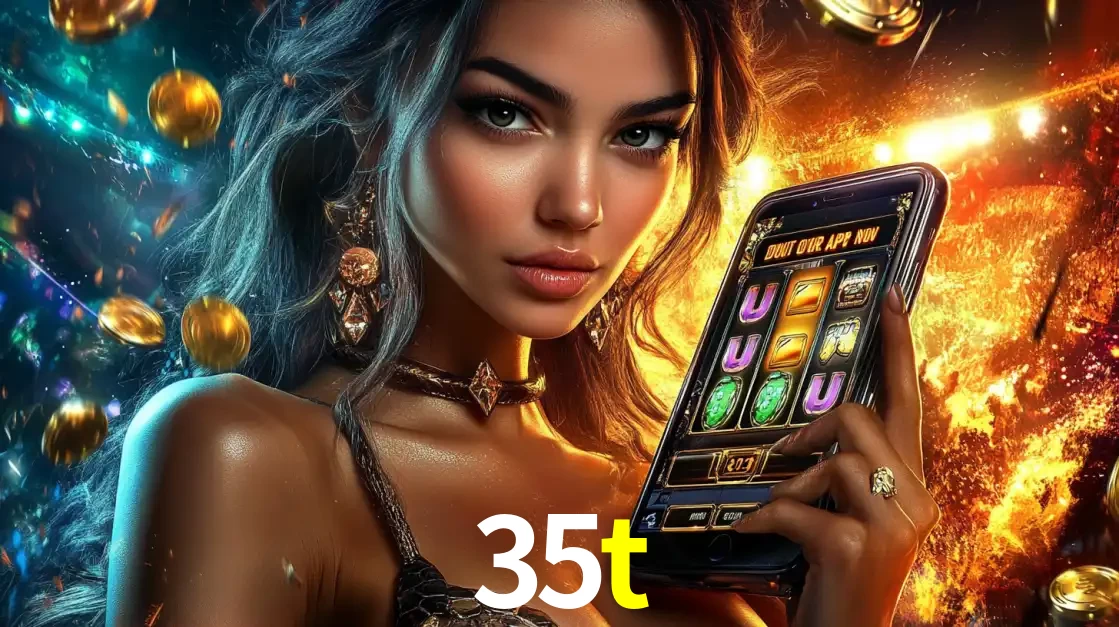 Mulher elegante mostrando um jogo de caça-níqueis em seu smartphone, destacando a experiência de cassino móvel oferecida pelo aplicativo 35t.