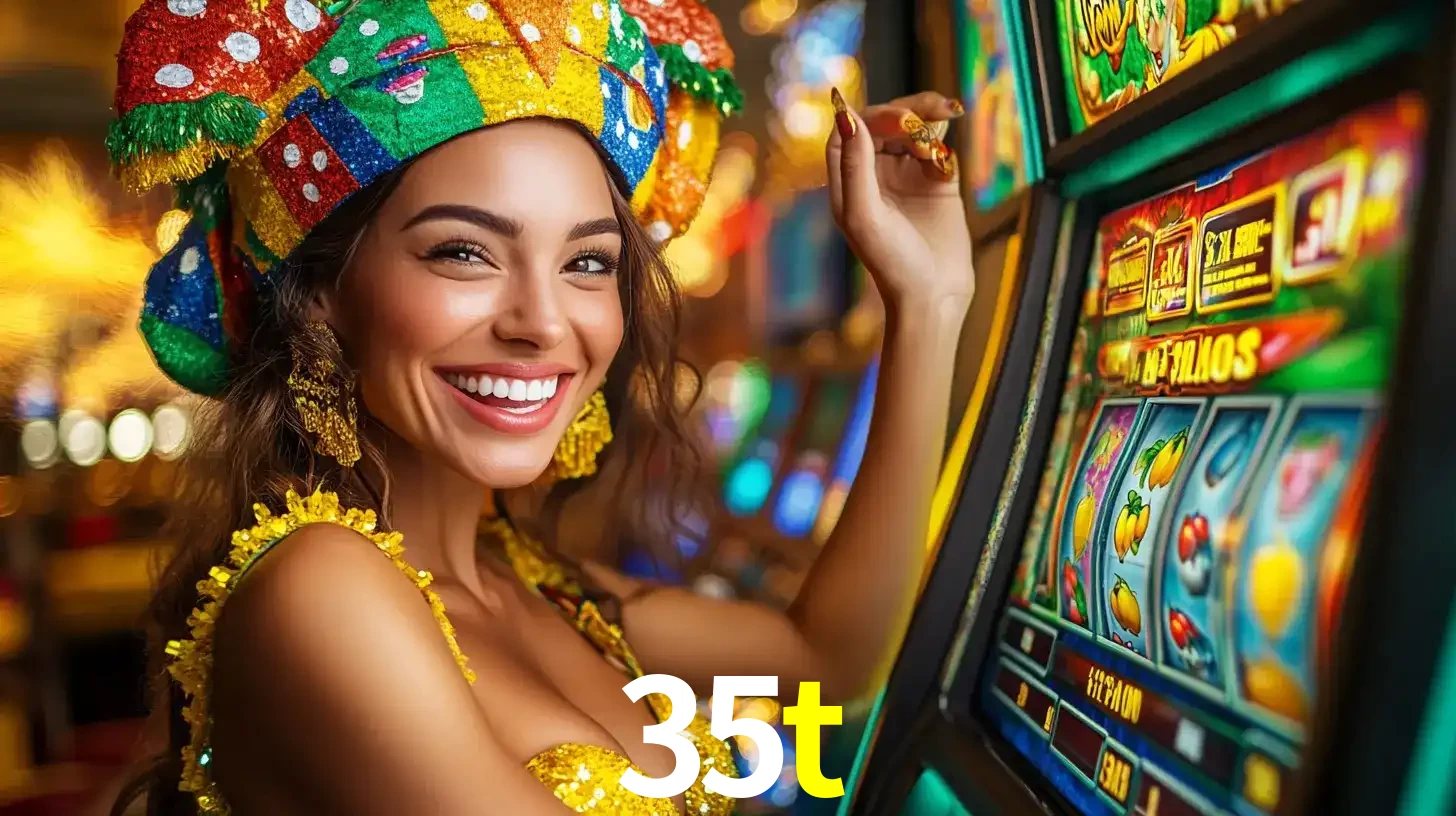 Mulher feliz com traje de carnaval amarelo e colorido ao lado de uma máquina de caça-níqueis, aproveitando a diversão e os jogos temáticos do cassino 35t.