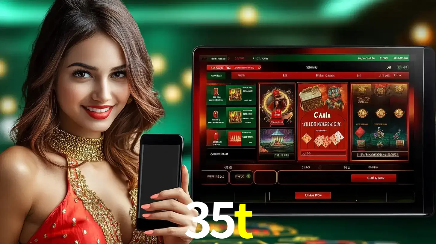Mulher sorridente segurando um smartphone, ao lado de uma tela exibindo o lobby de jogos do cassino online 35t, com várias opções de jogos de cartas e slots.